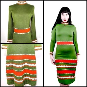 Vintage 1960s Mod Turtleneck Colorblock Striped Green Wool Sweater Dress